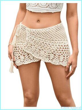 Hollow Out Sheer Crochet Wrap Mini Skirt Scalloped Boho